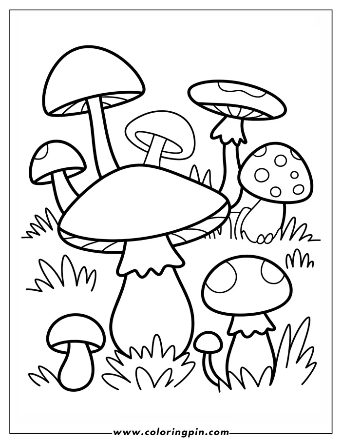 Outline of several mushrooms growing in a patch of grass. Some have spots, while others are plain.
