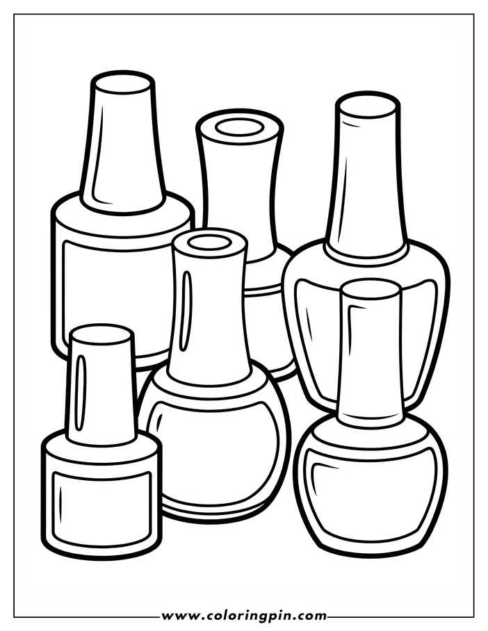 Five nail polish bottles with different shaped tops and bodies. Ready to be colored.