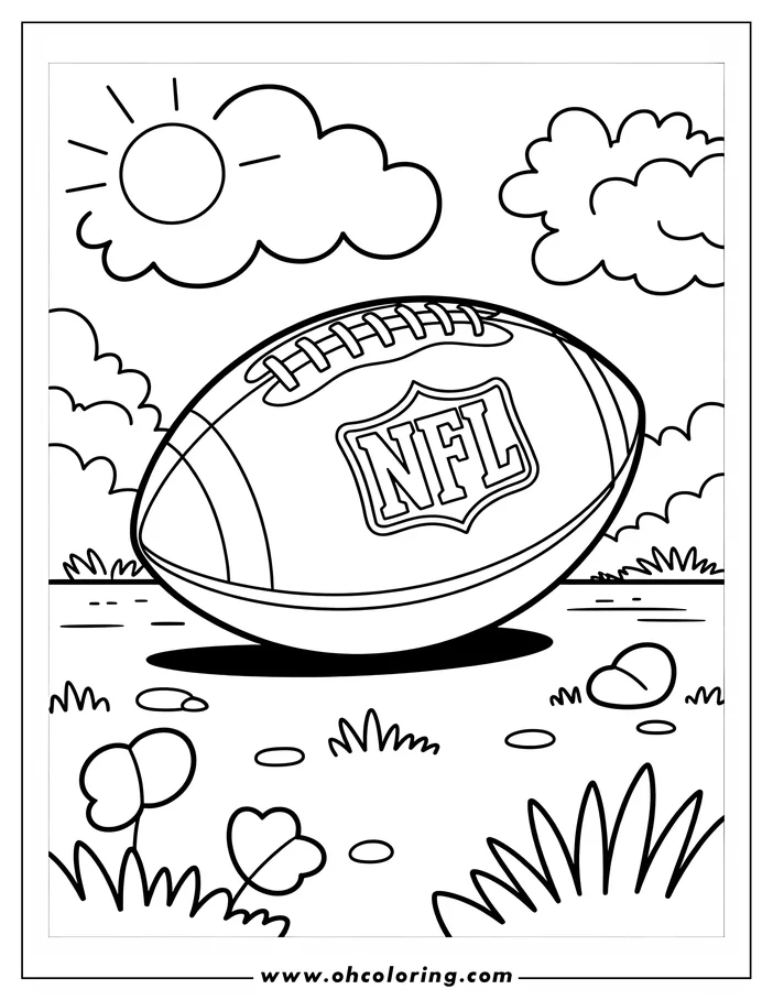 Line art of an NFL football resting on a grassy patch beneath a sunny sky.