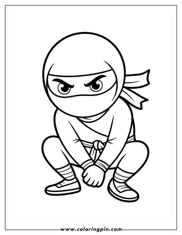Outline of a cartoon ninja in a crouching pose.  The ninja is wearing a traditional outfit.