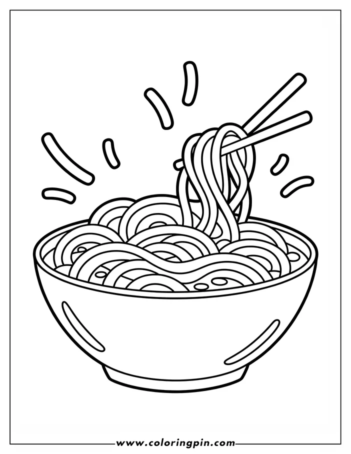 Line art of a bowl filled with noodles, with chopsticks lifting some of the noodles.