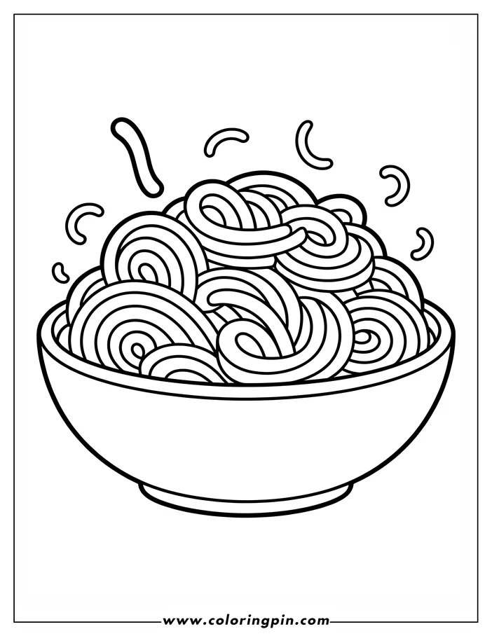 Line art of a bowl of noodles, with a few loose noodles in the air above the bowl.