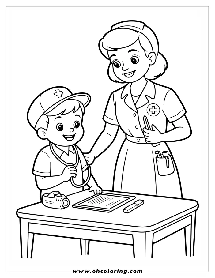 Outline of a smiling nurse and child roleplaying as doctor with stethoscope and medical supplies on table.