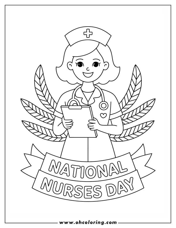 Line art of a nurse holding a clipboard for National Nurses Day.  She wears a nurses cap, stethoscope, and heart emblem.