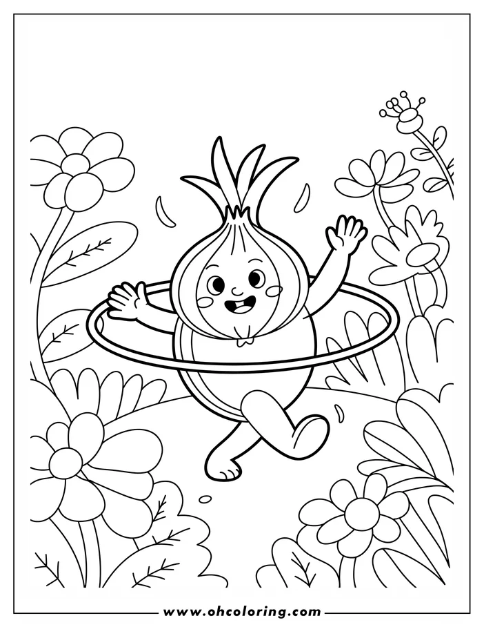 Line art of an anthropomorphic onion twirling a hula hoop in a garden setting, surrounded by stylized flowers and leaves. This is a simple and fun coloring sheet design.