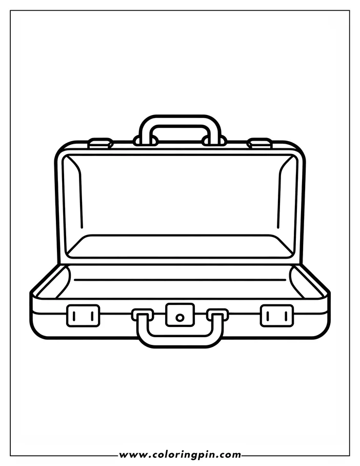 Outline of an open suitcase with a handle and latch.