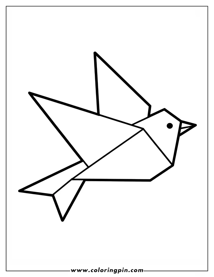 Line art of an origami bird with angular wings and body, mid-flight.