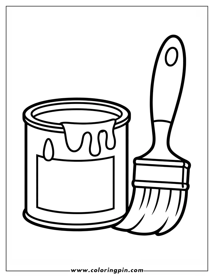 Line art of a paint can and brush. The can has paint dripping down the side, and a blank label. The brush sits beside it.