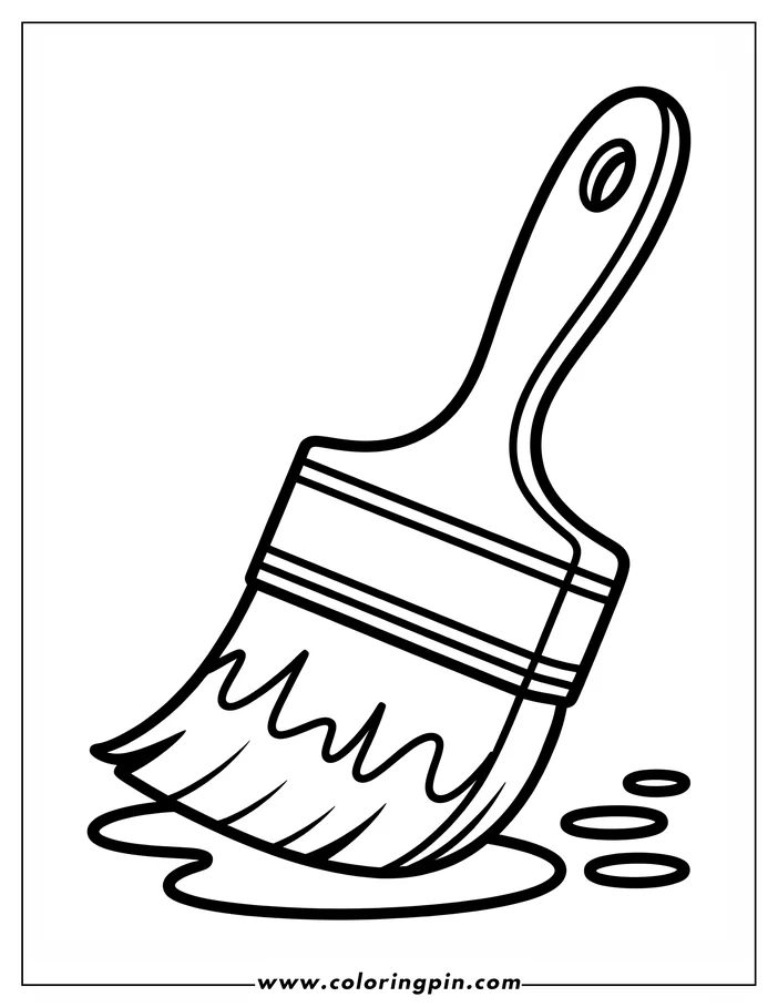 Line art of a paintbrush with its bristles dipped in paint. Three small paint drops are beside the brush.