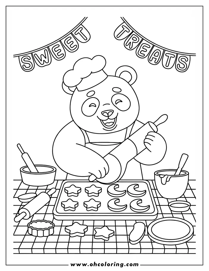 Line art of a panda bear wearing a chef's hat and apron, using a rolling pin to make cookies on a baking sheet.