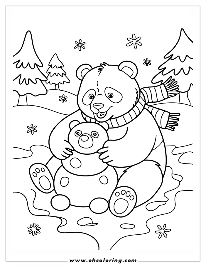 Outline of a panda wearing a striped scarf building a snowman in a snowy area with pine trees