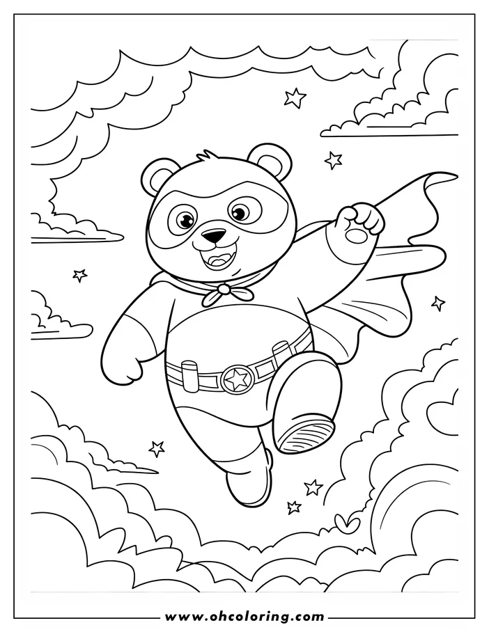 Line art of a panda superhero flying among the clouds and stars