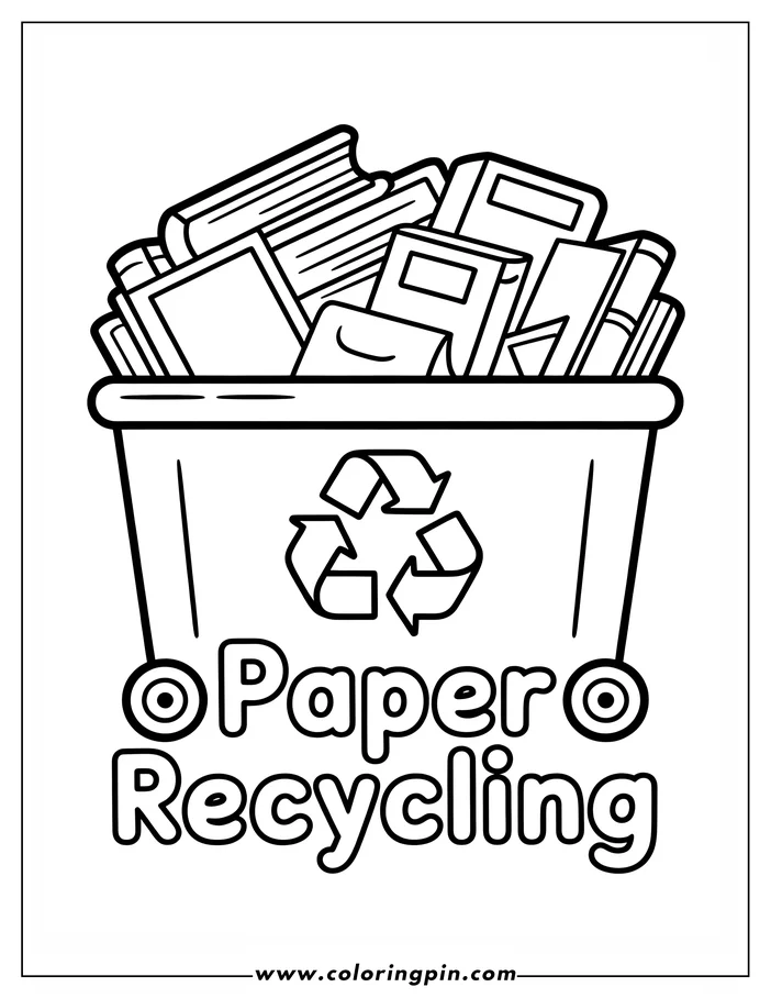 Line art of a paper recycling bin filled with books and papers, emphasizing the recycling symbol.