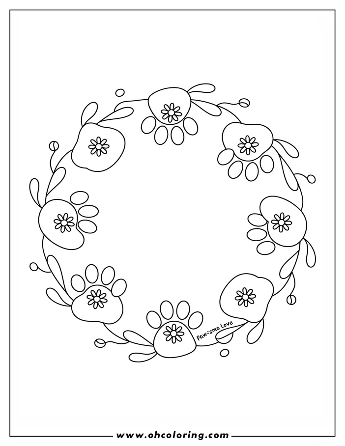 Outline of a wreath made of stylized flowers and paw prints. Each flower has a simple, rounded center and petals.
