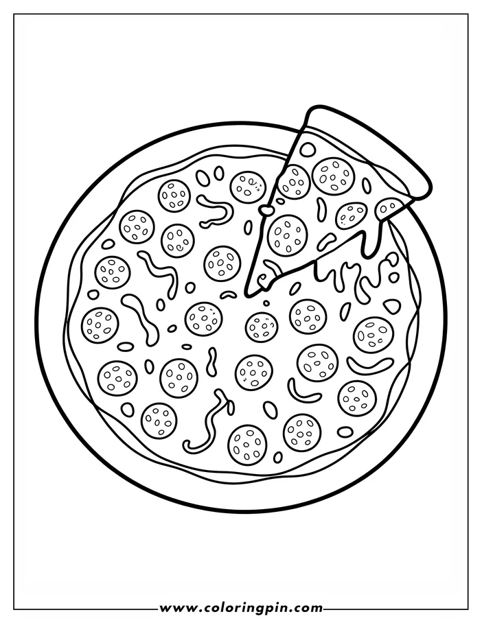 Outline of a whole pepperoni pizza with one slice being taken out. The pizza is topped with pepperoni and melted cheese.