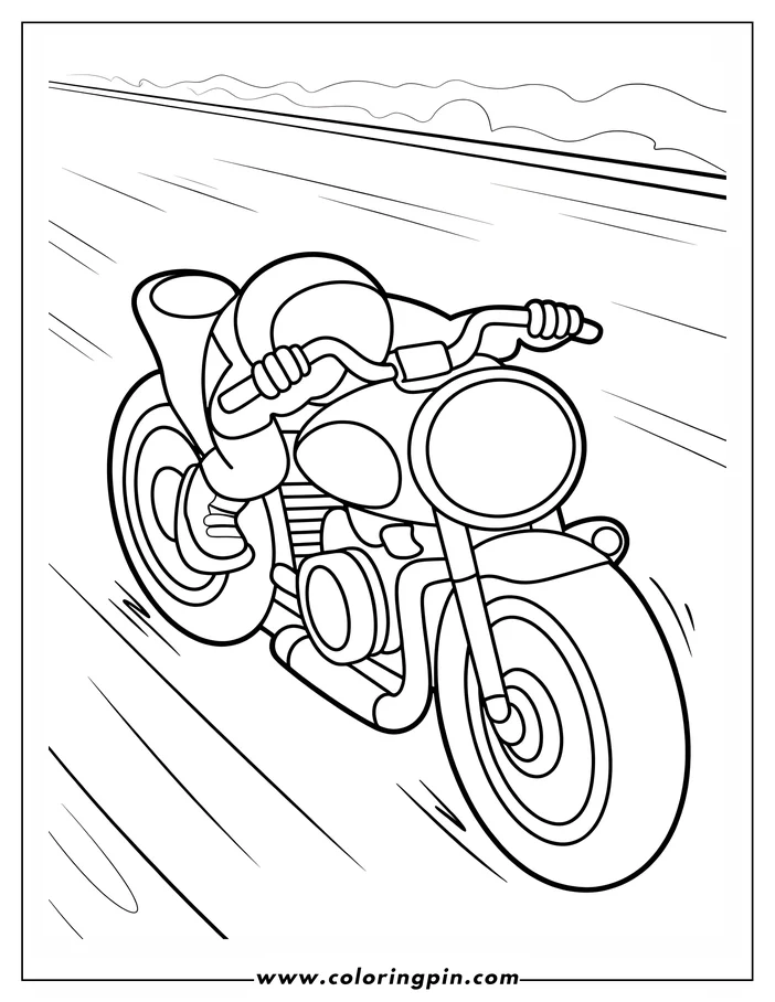 Outline of a person riding a motorcycle on a road. They are wearing a helmet and holding onto the handlebars.
