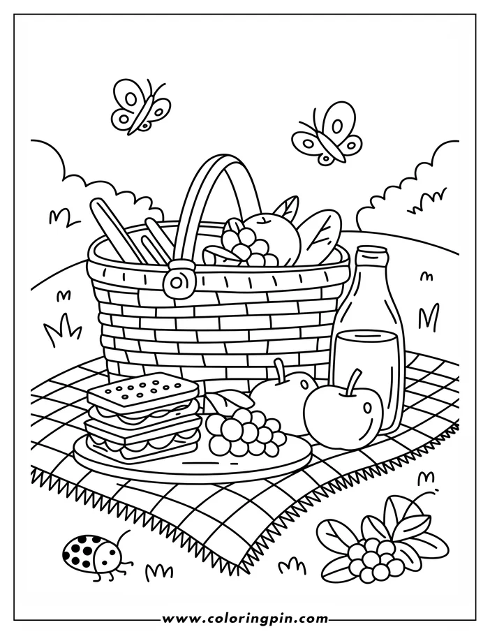 Outline of a picnic basket overflowing with food including fruit and a sandwich, placed on a picnic blanket with a ladybug nearby and butterflies overhead.