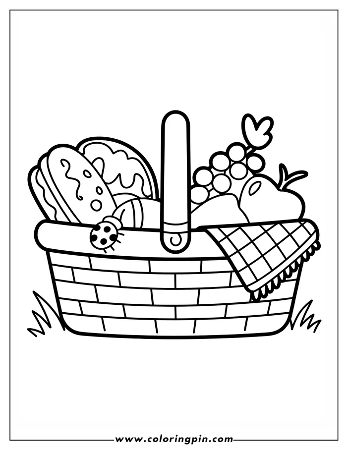 Line art of a picnic basket filled with food and a checkered cloth draped over the side