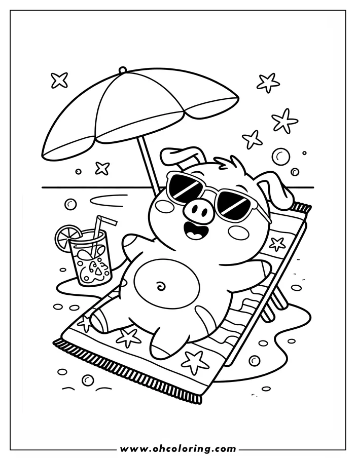 Outline of a pig wearing sunglasses, relaxing on a beach towel with a drink under a beach umbrella.