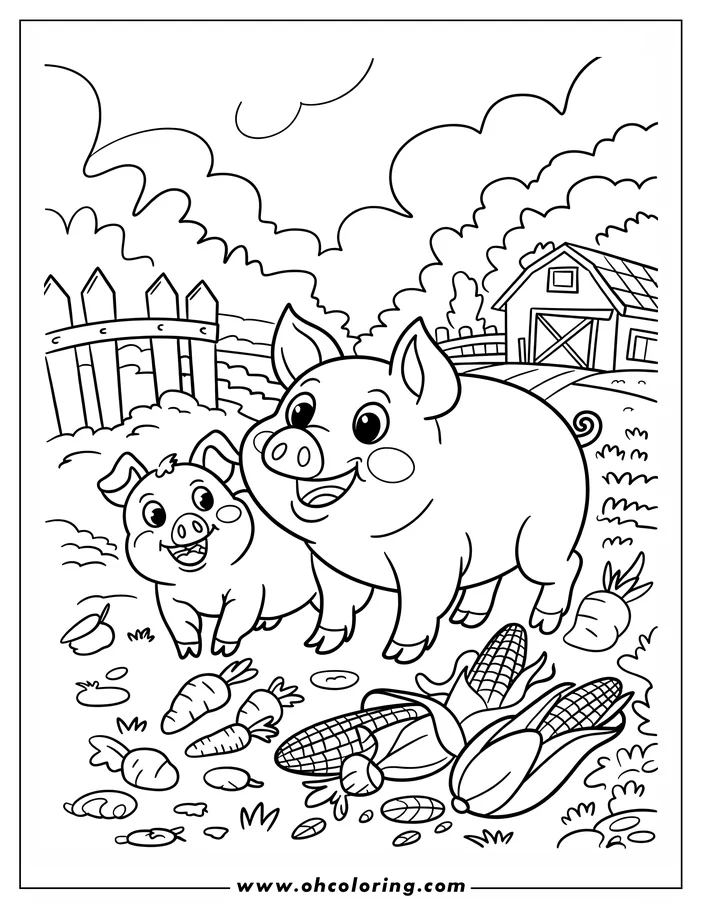 Two pigs and vegetables on a farm, with fence and barn in the background.