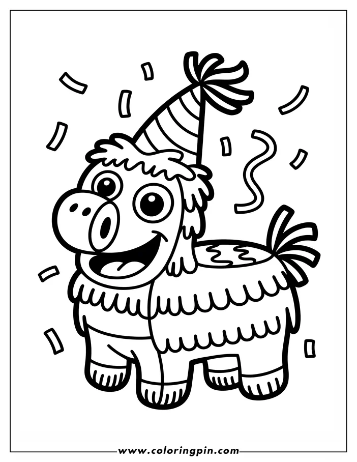 Outline of a cartoon piñata wearing a party hat with confetti falling around it.