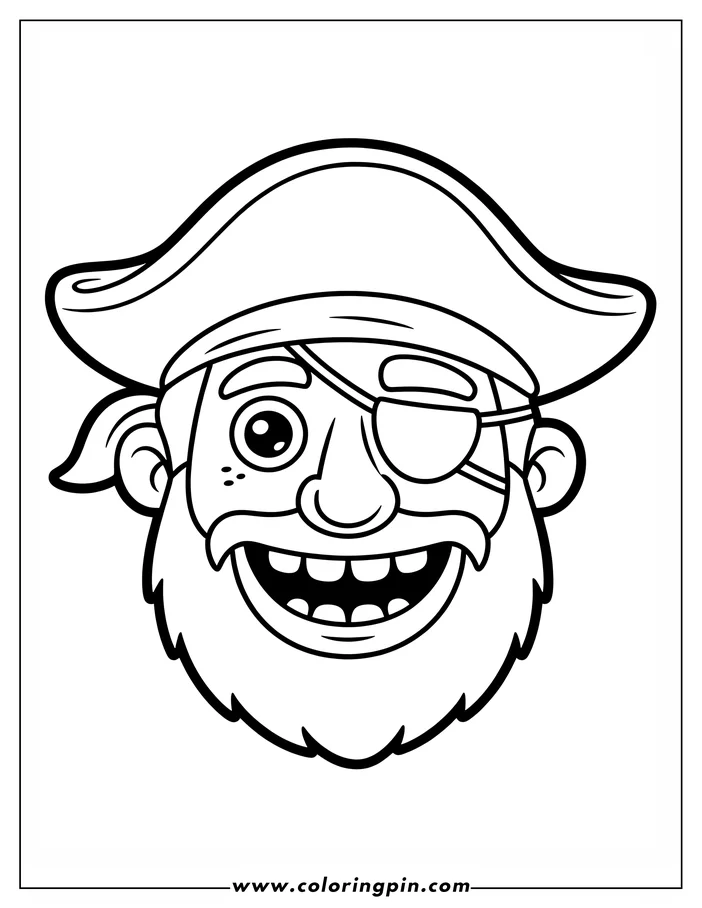 Cartoon pirate with an eye patch and big grin, ready for coloring.