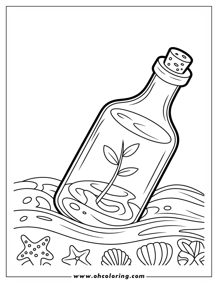 Line art of a small plant growing inside a corked bottle, floating on stylized waves. Starfish and seashells are scattered beneath the bottle. This is a simple design for a coloring sheet.