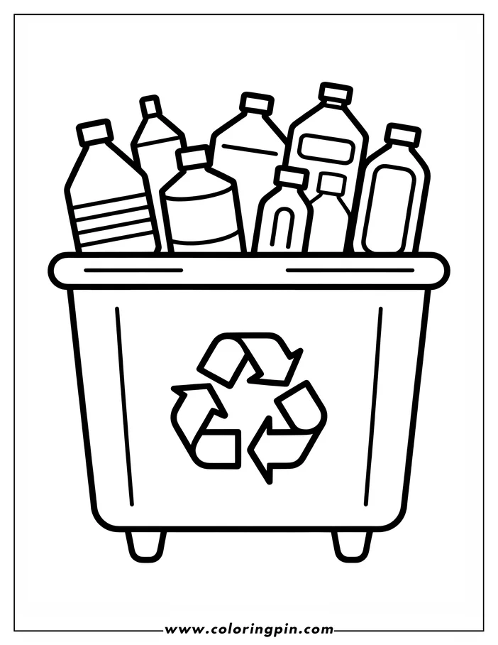 Outline of various plastic bottles in a recycling bin with the universal recycling symbol.