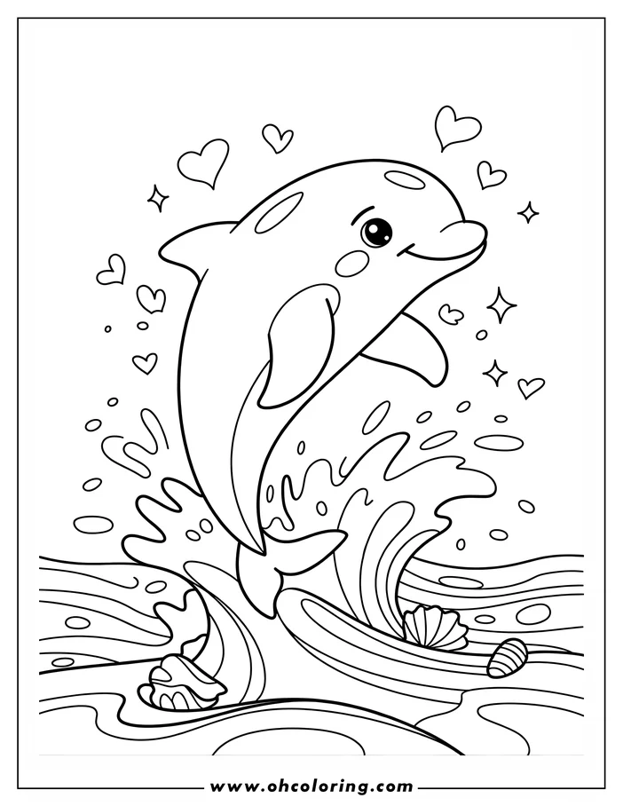 Line art of a playful dolphin leaping from a wave, surrounded by hearts and sparkles, with shells and pebbles below.