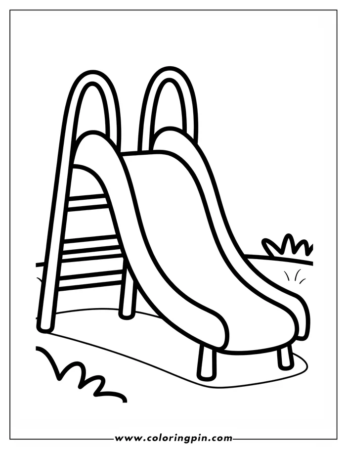Line art of a playground slide with a ladder and a curved sliding surface, set in a grassy area.