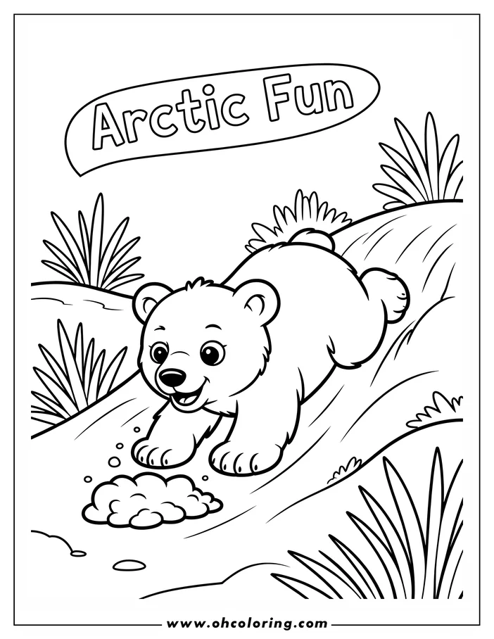 Line art of a playful polar bear cub sliding down a snowy slope towards a patch of snow.  Patches of grass peek out from the snow, creating a simple winter scene.  A drawing designed for a coloring sheet.