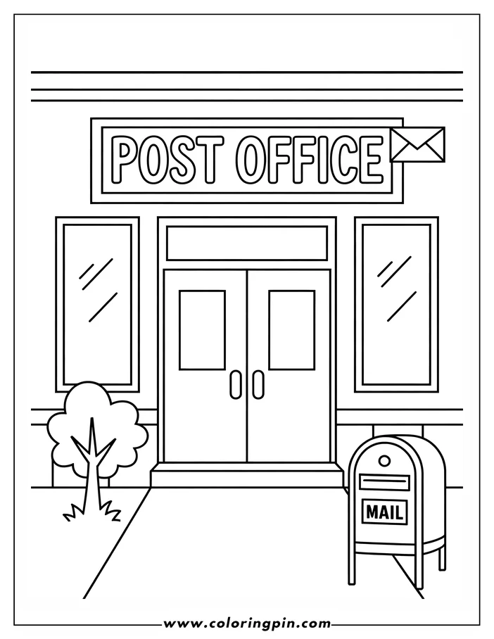 Line art of a post office building with double doors, windows, a mailbox, and a small tree. The sign reads "POST OFFICE".