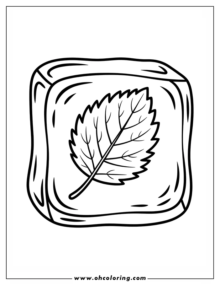 Line art of a preserved leaf encased in a block of resin. The leaf's detailed veins and edges are visible within the smooth resin block, creating a nature-inspired design for a coloring page.