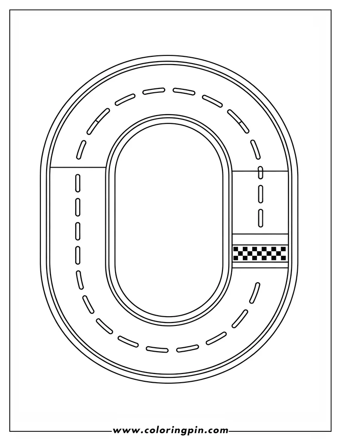 Line art of an oval racetrack with a checkered finish line.