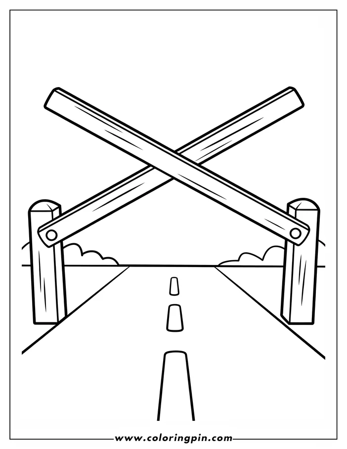 Outline of a railroad crossing gate blocking a road. The road continues into the distance, and there are small grassy areas on either side.