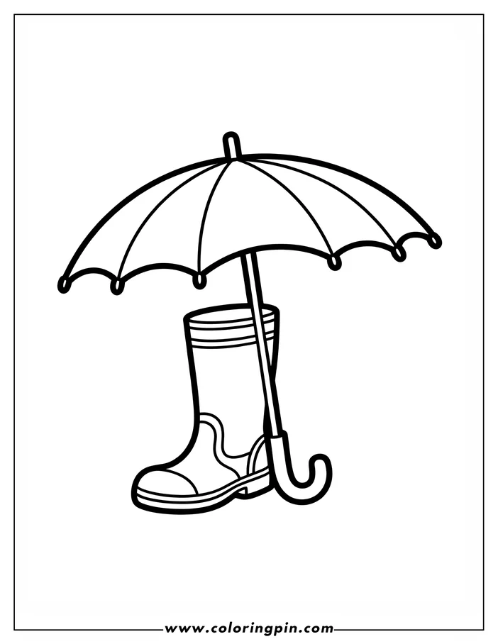 Line art of a rain boot under an umbrella.