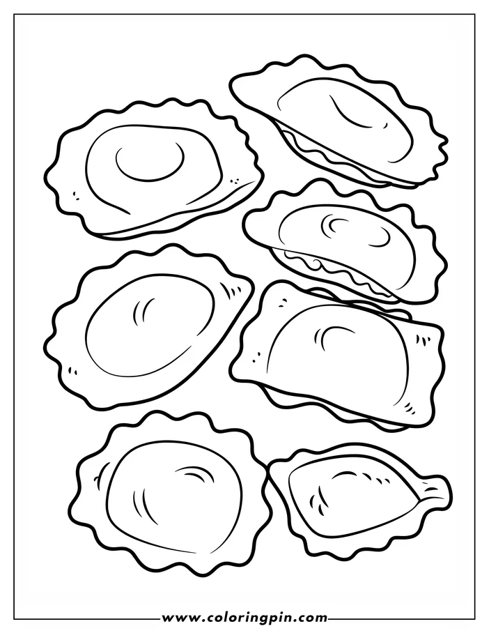Outline of various ravioli pasta pieces from different angles. Ready to color.