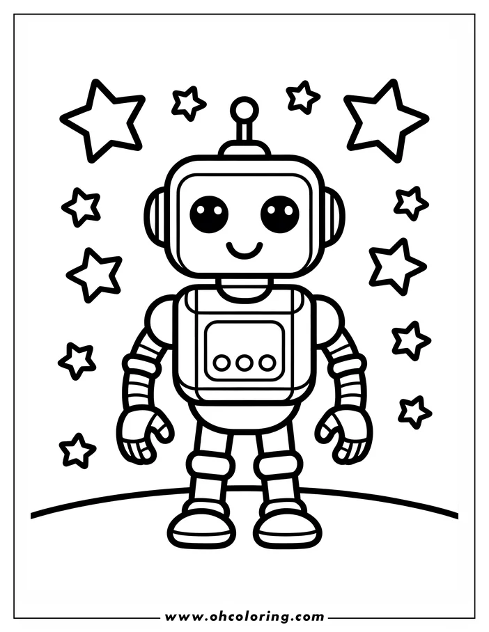 Line art of a friendly robot surrounded by stars, ready to be colored.