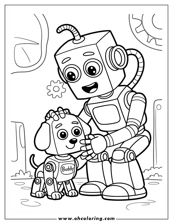 Line art of a robot and a robot dog.  The robot is bending over to interact with the dog.