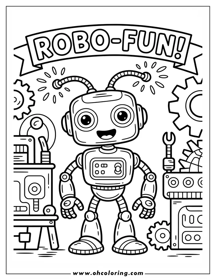 Line art of a cheerful robot standing in a workshop with a workbench and a machine featuring gears.