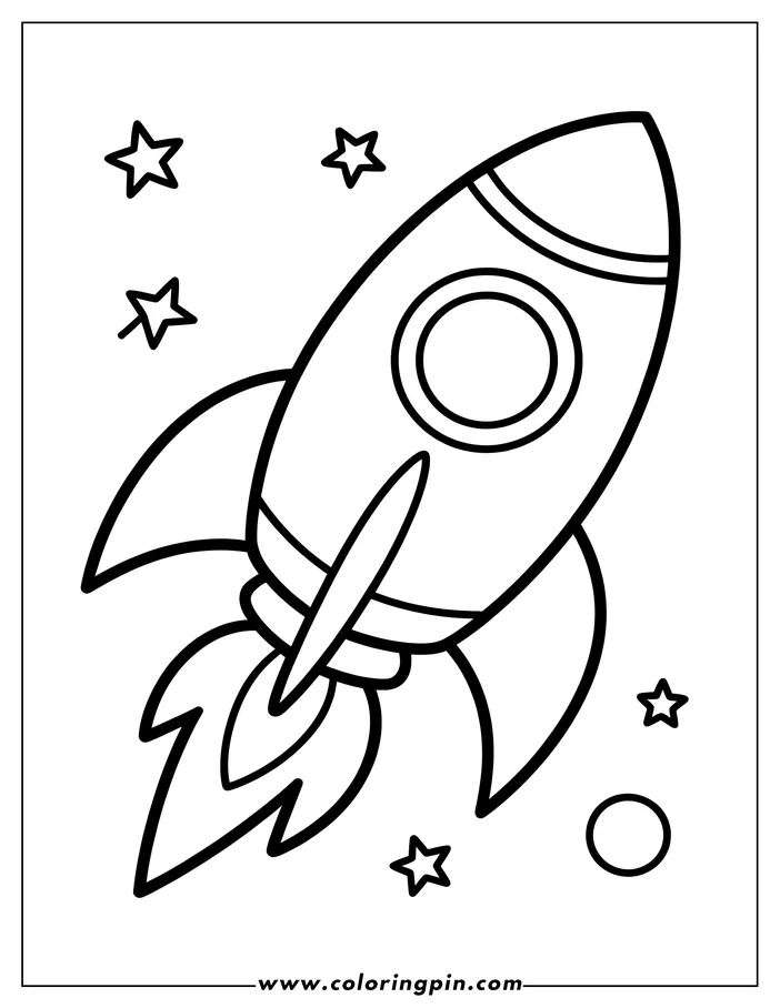 Outline of a cartoon rocket flying in space with stars and a planet