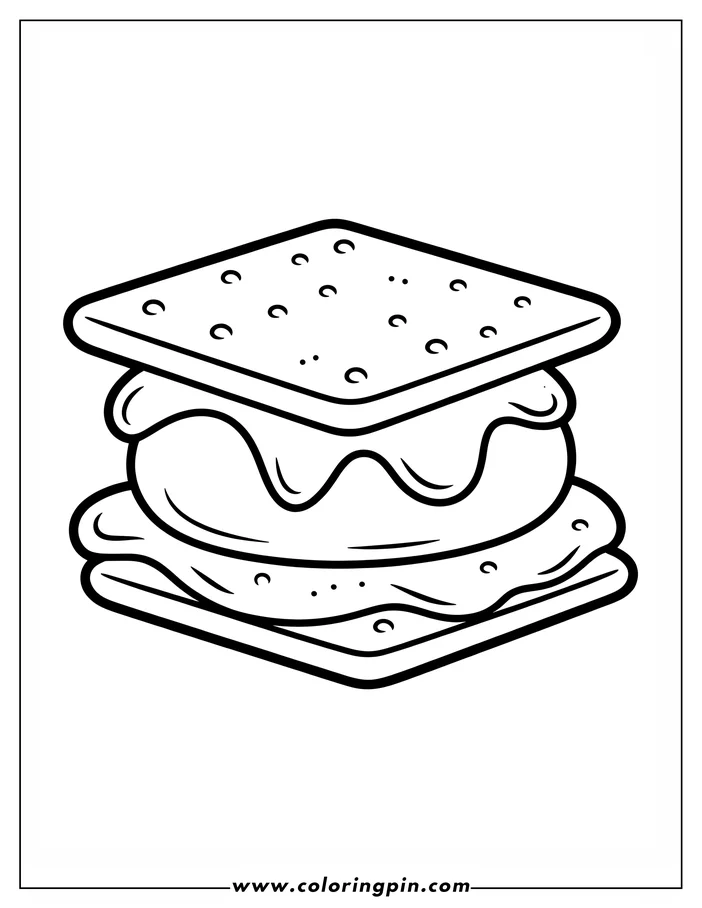 Line art of a s'more with graham crackers, melted chocolate, and toasted marshmallow.
