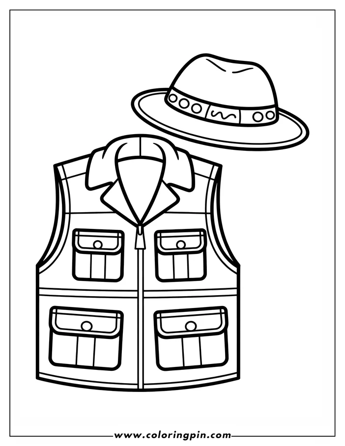 Line art of a safari vest and hat. The vest has four pockets and a zipper, and the hat has a patterned band.