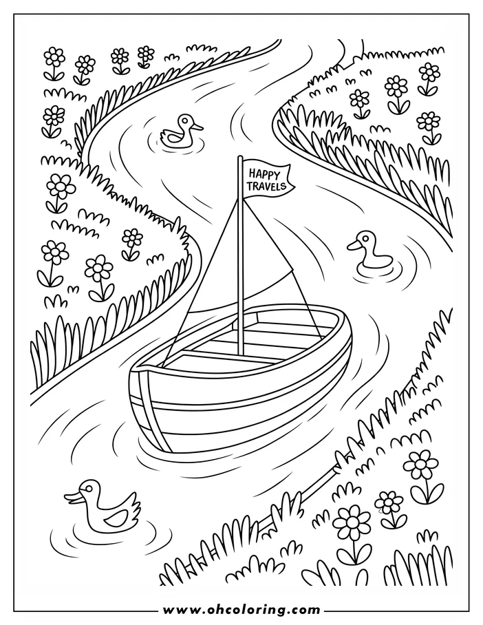 Outline of a sailboat floating on a river with ducks and flowers along the banks.