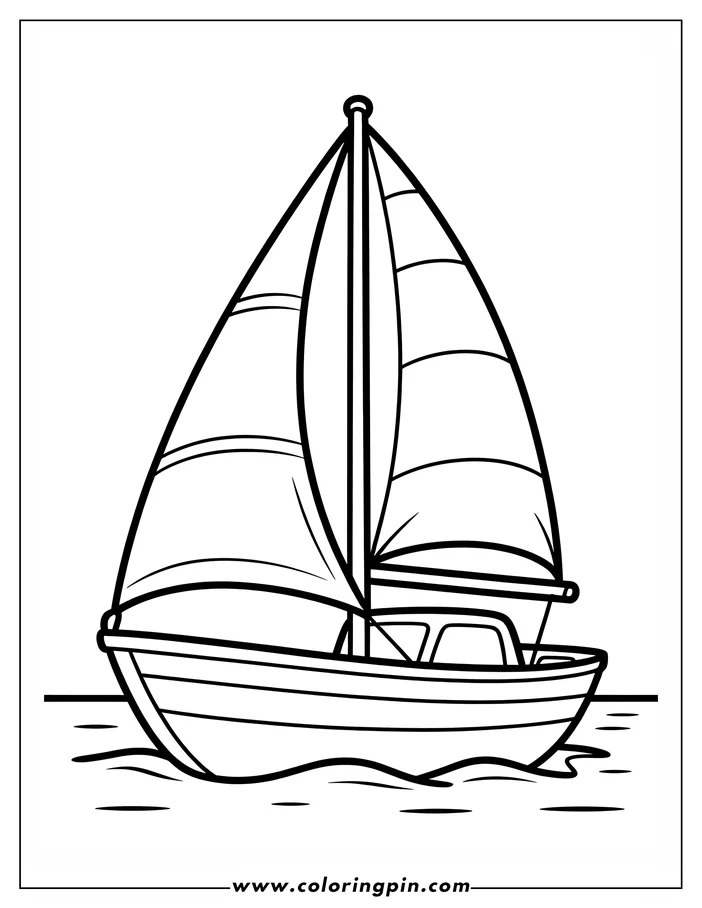 Outline of a sailboat with a cabin and a large sail, floating on slightly rippled water.