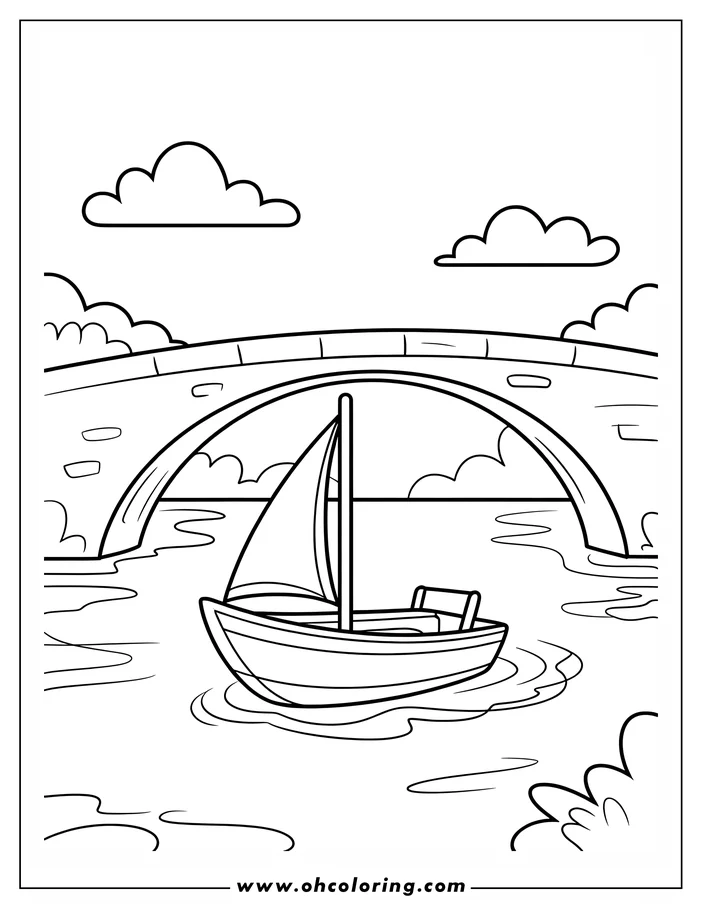 Outline of a sailboat with a single sail floating under a stone bridge on calm water.