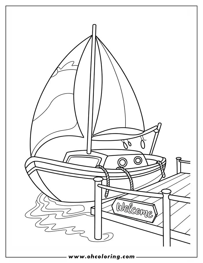 Line art of a sailboat at a dock with welcome sign.
