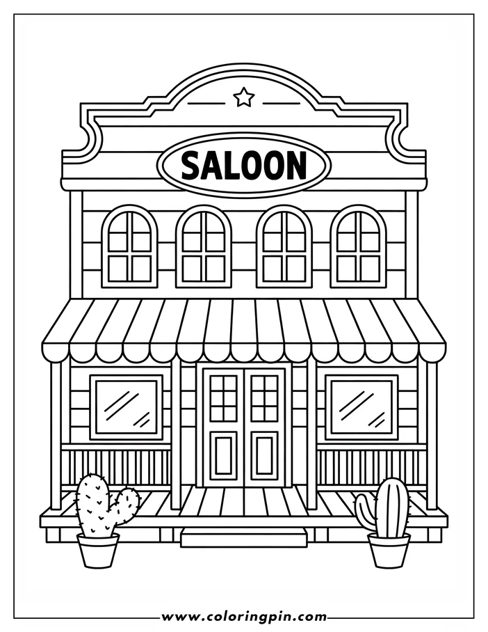 Outline of a Wild West saloon building with a striped awning, cacti, and prominent signage.