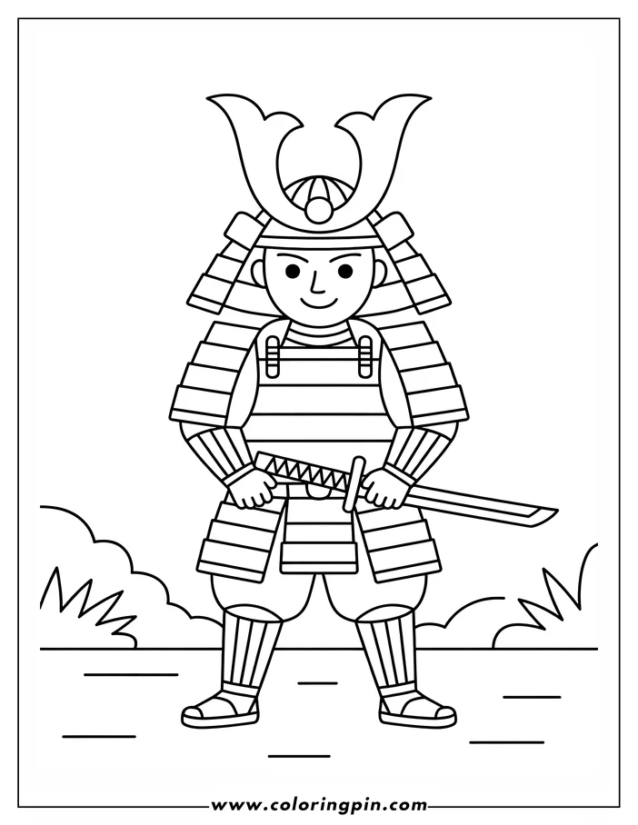 Line drawing of a cartoon samurai holding a sword. He wears a helmet and armor, with small bushes in the background.