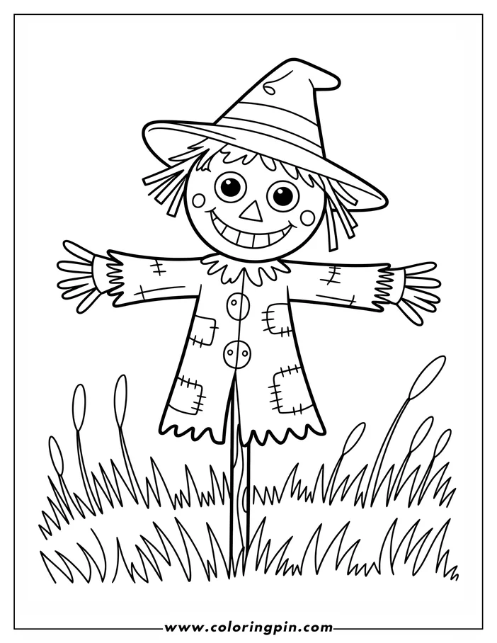 Outline of a scarecrow standing in tall grass, with a patched coat and pointy hat.